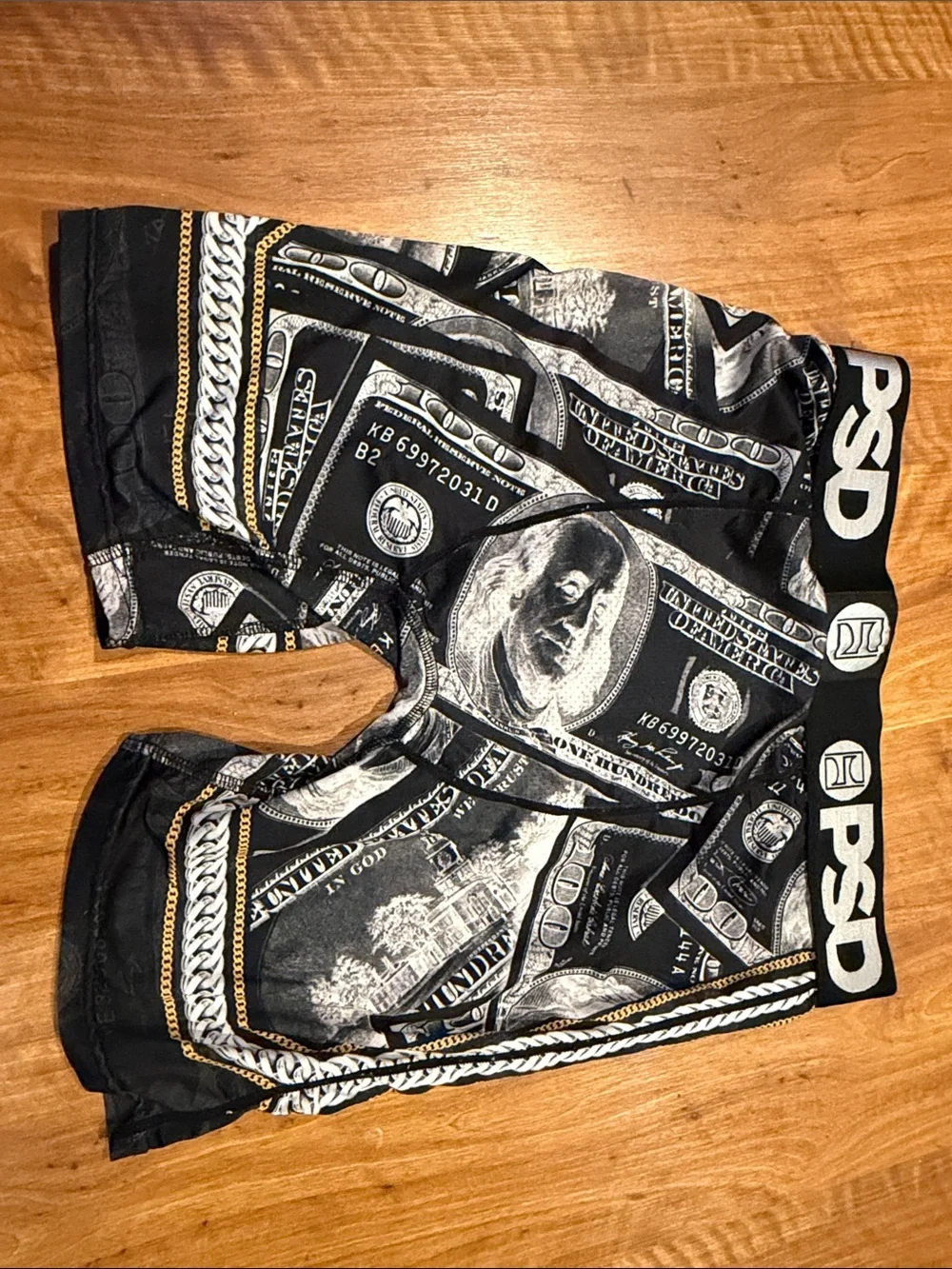 PSD Men’s Black Money-Print Athletic Shorts with Gold Trim